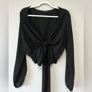 Black Cropped Waist Tie Blouse